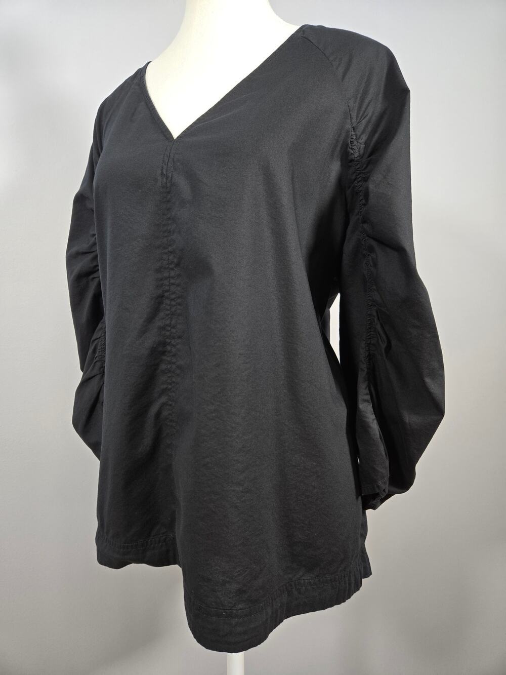 LOFT Black V-Neck Puff Sleeve Poplin Tunic Blouse Size XXL Center Seam Ruched